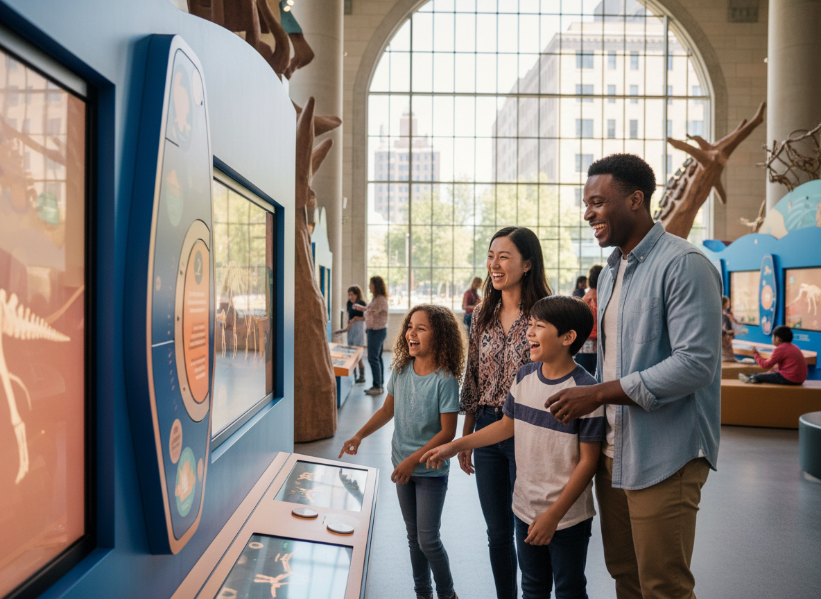 Family of four visiting an interactive museum exhibit together
