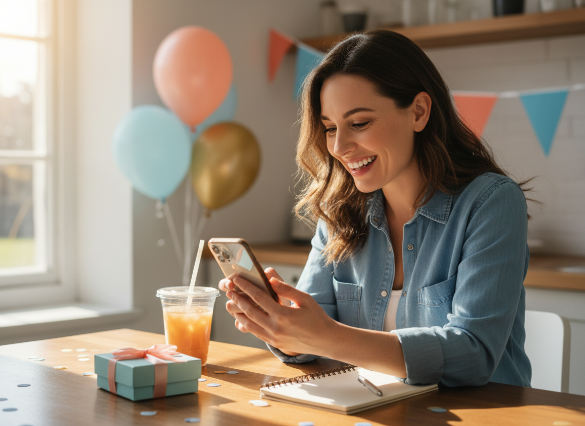Woman checking birthday perks in her phone's loyalty program