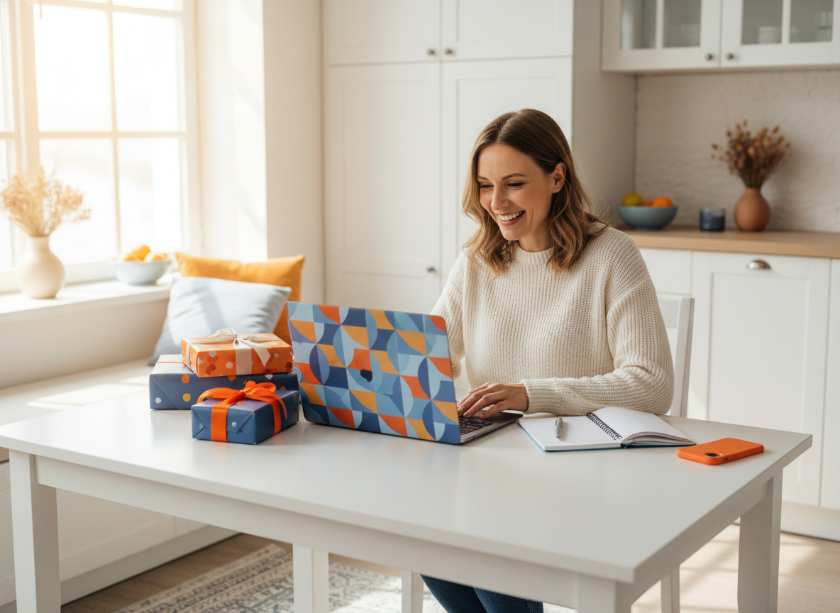Shopper checking a holiday shopping budget with laptop and notebook