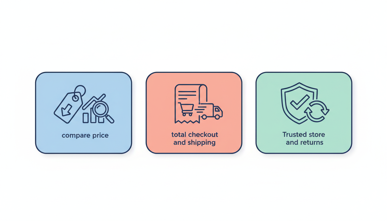 Three visual shopping checks: prices, checkout total and trusted seller