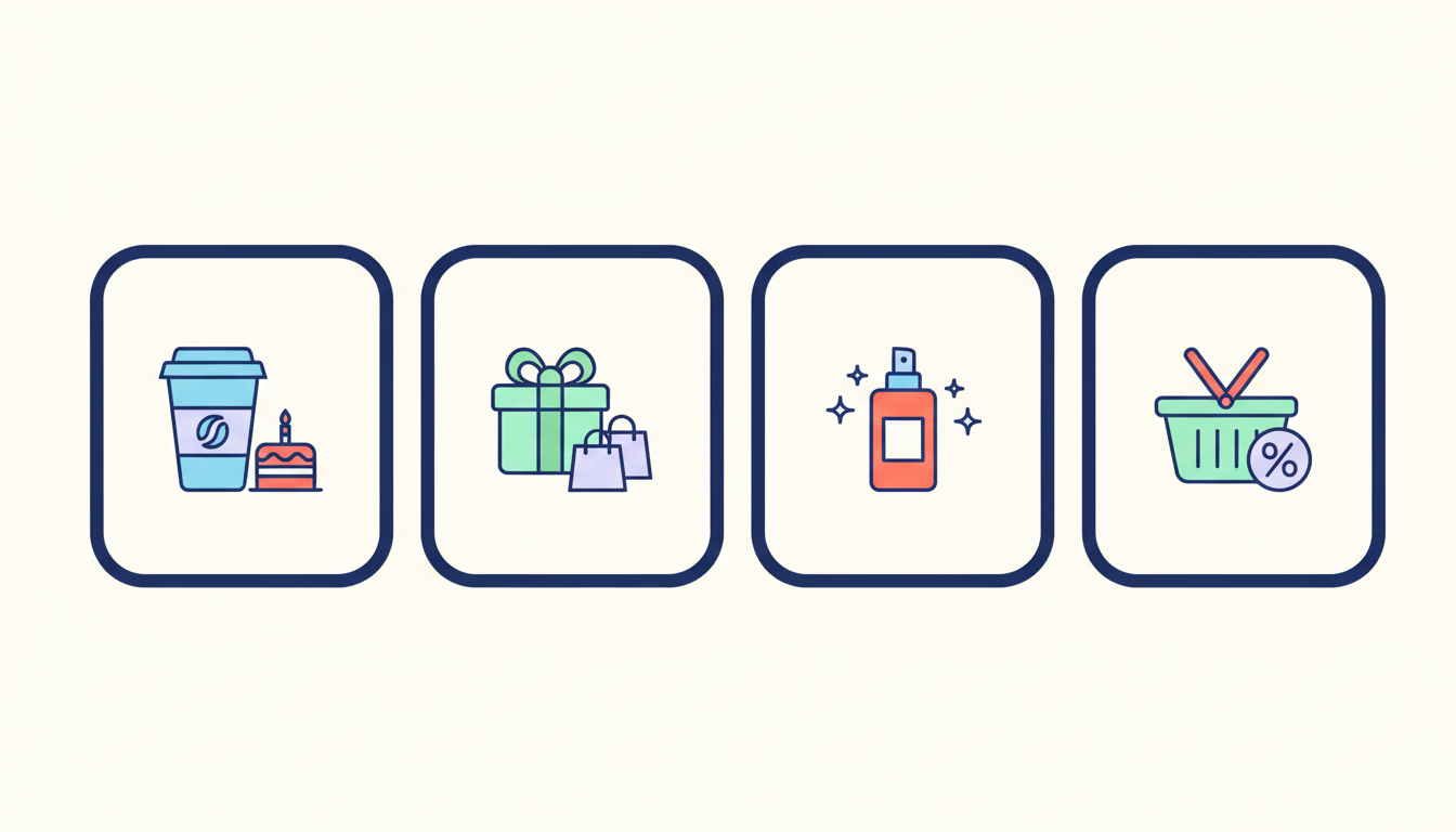 Four birthday reward icon panels for coffee, beauty gifts and discounts