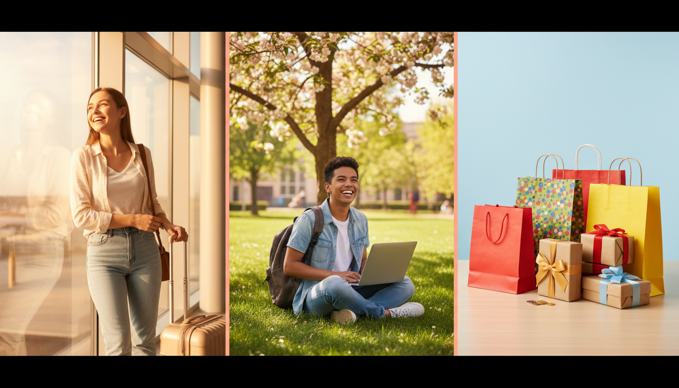Cheerful seasonal U.S. travel, learning and shopping scenes
