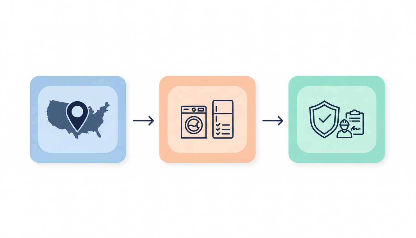 Three state rebate research steps with map, house and approval icons