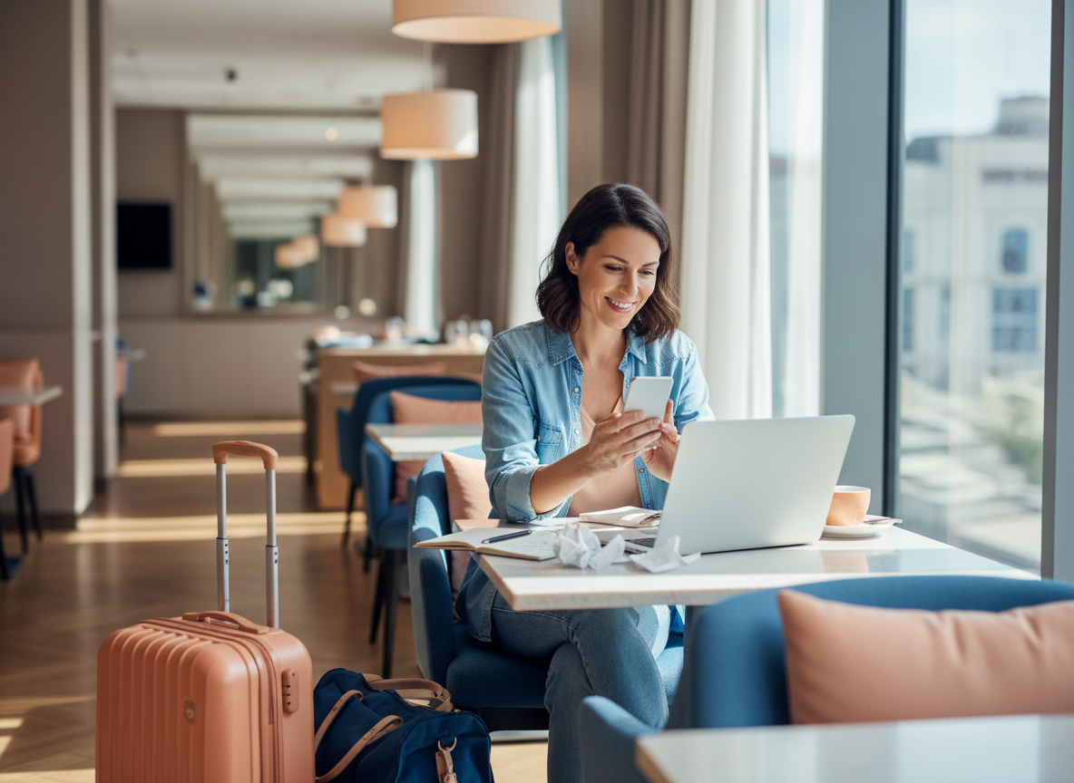 American traveler comparing hotel bookings and room costs at a hotel cafe