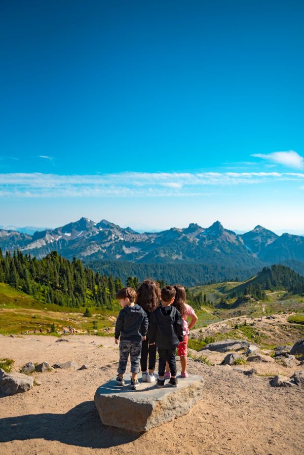 Family hike at a scenic mountain park