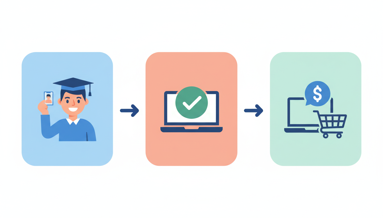 Three illustrated steps: check eligibility, verify student status, and compare the final price