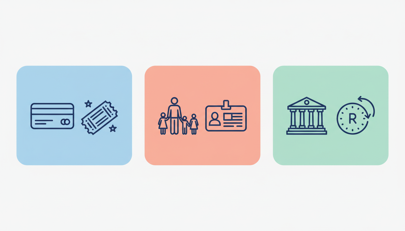 Museum access options illustrated with bank card, family EBT identity and timed museum pass icons