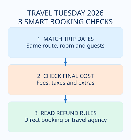 Infographic: match trip dates and room, check final cost including fees, and read refund rules