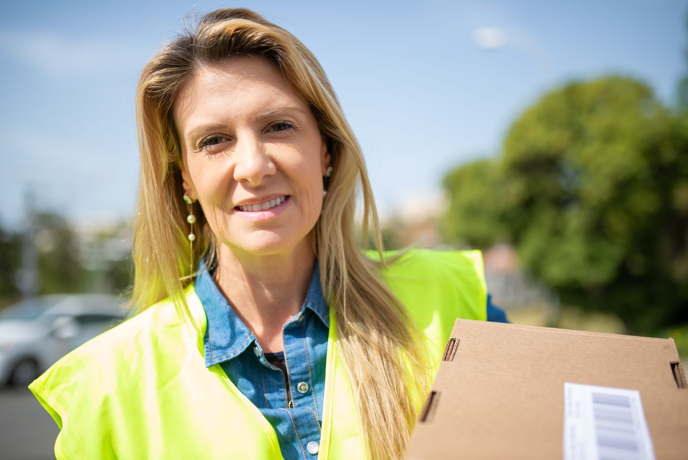 Delivery worker holding a package outdoors